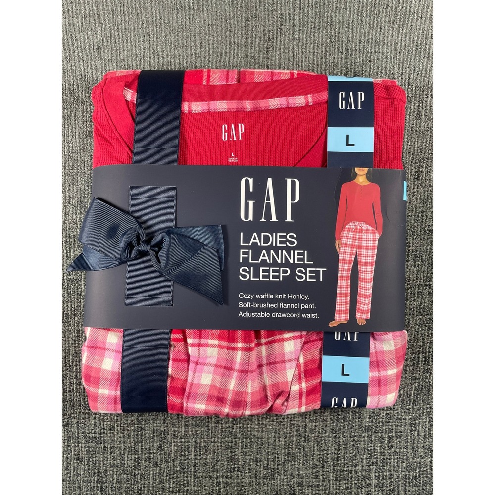 Gap Ladies Flannel Sleep Set Red Waffle Knit Henley Plaid Pajamas Size L New